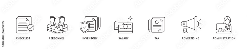 Cost reduction icon sett lineal illustration concept with icon of checklist, personnel, inventory, salary, tax, advertising and administration icon live stroke and easy to edit 