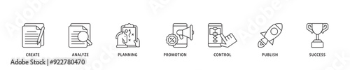 Content strategy icon sett lineal illustration concept with icon of create, analyze, planning, promotion, control, publish and success icon live stroke and easy to edit 