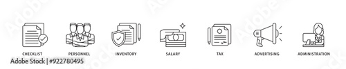 Cost reduction icon sett lineal illustration concept with icon of checklist, personnel, inventory, salary, tax, advertising and administration icon live stroke and easy to edit 