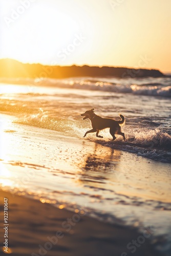 dog runs beside the sea the ocean shore Generative AI