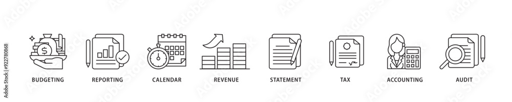Fiscal year icon sett lineal illustration concept with icon of budgeting, reporting, calendar, revenue, statement, tax, accounting, audit icon live stroke and easy to edit Fiscal year icon sett lineal illustration concept with icon of budgeting, reporting, calendar, revenue, statement, tax, accounting, audit icon live stroke and easy to edit