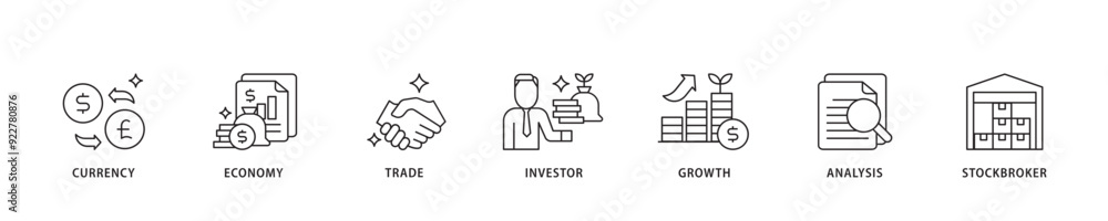 Forex icon sett lineal illustration concept with icon of currency, economy, trade, investor, growth, analysis and stockbroker icon live stroke and easy to edit Forex icon sett lineal illustration concept with icon of currency, economy, trade, investor, growth, analysis and stockbroker icon live stroke and easy to edit
