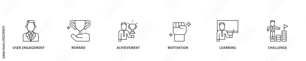 Gamification icon sett lineal illustration concept with icon of user engagement, reward, achievement, motivation, learning, and challenge icon live stroke and easy to edit Gamification icon sett lineal illustration concept with icon of user engagement, reward, achievement, motivation, learning, and challenge icon live stroke and easy to edit