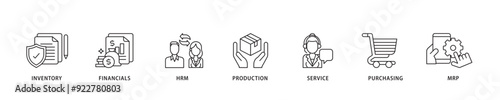 ERP icon sett lineal illustration concept with icon of inventory, financials, hrm, production, service, purchasing, and mrp icon live stroke and easy to edit 