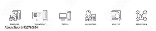 Fintech icon sett lineal illustration concept with icon of financial, technology, digital, accounting, analysis and blockchain icon live stroke and easy to edit 
