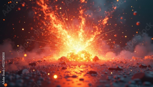 A vivid explosion creates a dramatic display of fire, sparks, and smoke on a dark background, showcasing intense energy and destruction.