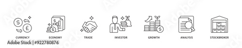 Forex icon sett lineal illustration concept with icon of currency, economy, trade, investor, growth, analysis and stockbroker icon live stroke and easy to edit 