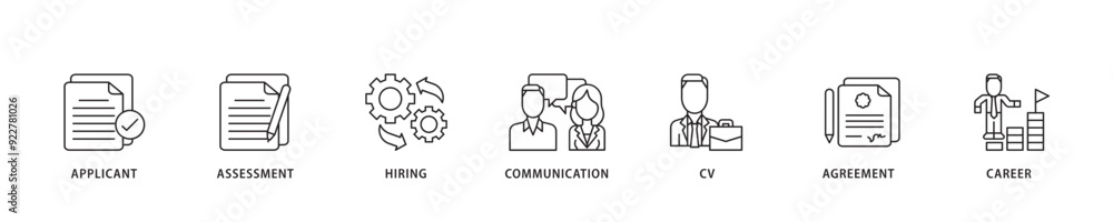 Job interview icon sett lineal illustration concept with icon of applicant, assessment, hiring, communication, cv, agreement and career icon live stroke and easy to edit Job interview icon sett lineal illustration concept with icon of applicant, assessment, hiring, communication, cv, agreement and career icon live stroke and easy to edit