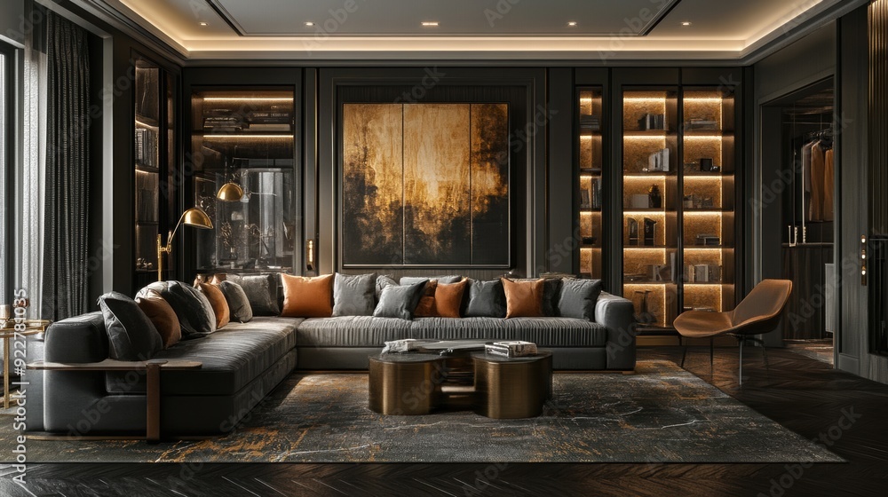 Fototapeta premium A living room with a large sectional couch and coffee table, AI