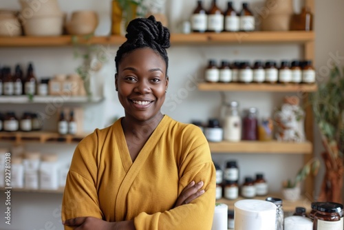 Smiling woman in yellow outfit standing in a natural products store, surrounded by shelves of organic goods and cosmetics.. photo