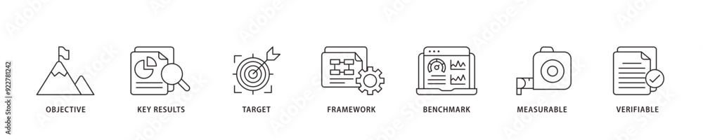 OKR icon sett lineal illustration concept with icon of objective, key results, target, framework, benchmark, measurable, and verifiable icon live stroke and easy to edit OKR icon sett lineal illustration concept with icon of objective, key results, target, framework, benchmark, measurable, and verifiable icon live stroke and easy to edit