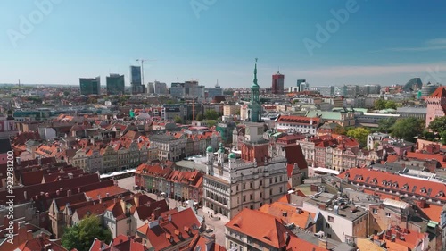 Skyline cityscape of Poznań, Poland. Panoramic aerial view of Poznan Old Town market square (Rynek) and Town Hall (Ratusz) on a sunny summer day