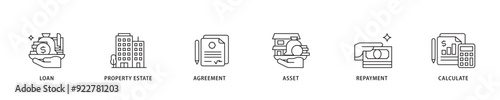 Mortgage icon sett lineal illustration concept with icon of loan, property estate, agreement, asset, repayment and calculate icon live stroke and easy to edit 