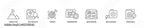 OKR icon sett lineal illustration concept with icon of objective, key results, target, framework, benchmark, measurable, and verifiable icon live stroke and easy to edit 