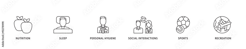 Self care icon sett lineal illustration concept with icon of social interactions, recreation, sports, personal hygiene, sleep, nutrition icon live stroke and easy to edit Self care icon sett lineal illustration concept with icon of social interactions, recreation, sports, personal hygiene, sleep, nutrition icon live stroke and easy to edit