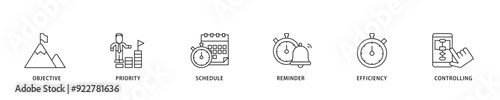 Time management icon sett lineal illustration concept with icon of objective, priority, schedule, reminder, efficiency, alerts, and controlling icon live stroke and easy to edit 