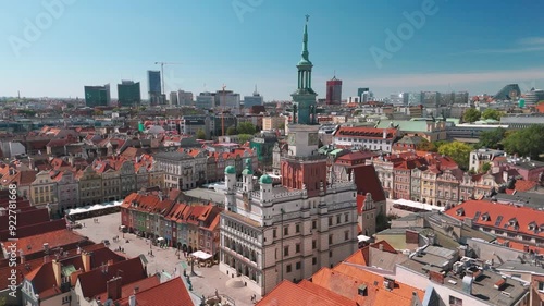 Skyline cityscape of Poznań, Poland. Panoramic aerial view of Poznan Old Town market square (Rynek) and Town Hall (Ratusz) on a sunny summer day