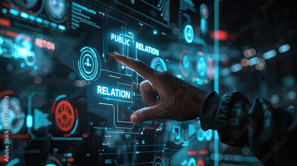 Futuristic Digital Interface with Hand Interacting with Public Relations Data on a Virtual Screen Futuristic Digital Interface with Hand Interacting with Public Relations Data on a Virtual Screen