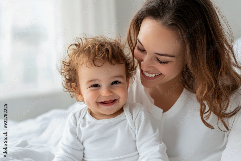 Smiling Mother and Baby Bonding in Bright Room Smiling Mother and Baby Bonding in Bright Room