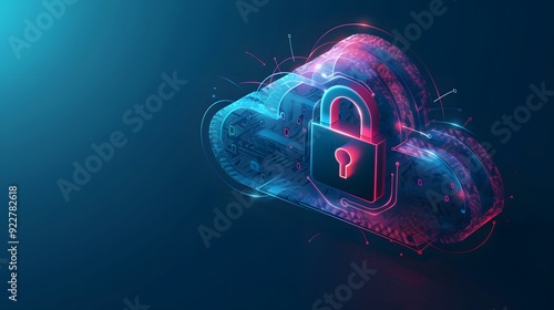 Digital cloud security concept with glowing padlock inside a cloud shaped data network.