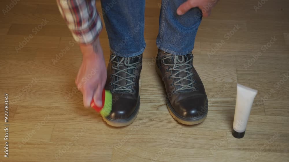 Unrecognizable man cleans brown leather boots with brush and lubricates with cream and blotting protection. Theme shoe care. Boot waxing. Outdoor boots with wax. Accessories for boot caring. 