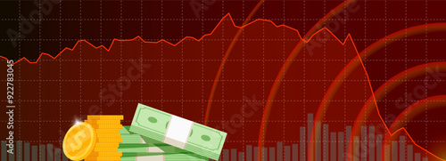Stock market trading technical analysis bar chart fall banner. Business candlestick graph exchange down trend. Economic downturn and investment loss graph. Trader financial index crash and bankruptcy