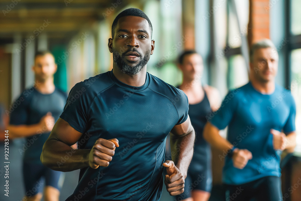 Determined man practicing jogging with male friends during exercise class in gym. Determined man practicing jogging with male friends during exercise class in gym.