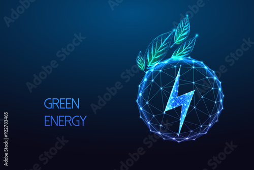 Green energy storage abstract concept. Lightning symbol inside transparent sphere with green leaves 