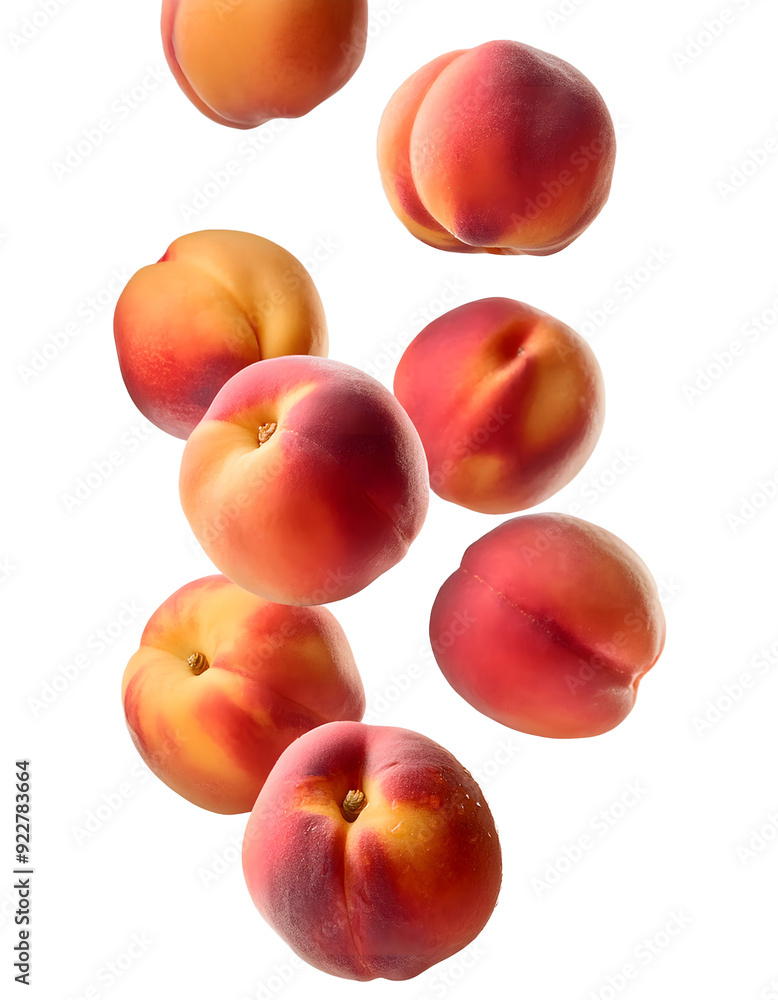 Group of red peaches falling freely on white background Group of red peaches falling freely on white background