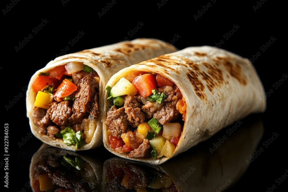Burritos wraps with beef and vegetables on black background. Beef burrito, mexican food. - generative ai Burritos wraps with beef and vegetables on black background. Beef burrito, mexican food. - generative ai