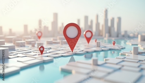 3D illustrations of map pins with a blurred city skyline in the background, symbolizing location and navigation technology.