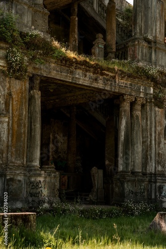 Abandoned historic building with overgrown grass in Concepcion, Chile.