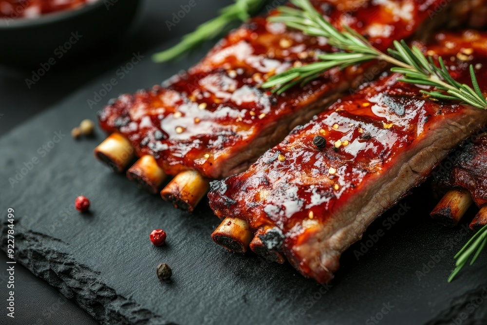 Closeup of pork ribs grilled with BBQ sauce and caramelized in honey. Grilled pork ribs with spices on a stone background - generative ai Closeup of pork ribs grilled with BBQ sauce and caramelized in honey. Grilled pork ribs with spices on a stone background - generative ai