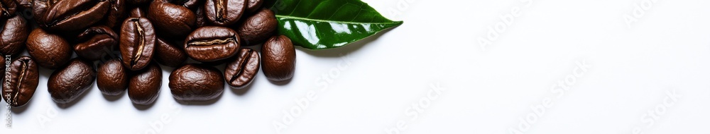 Airy Aerial View of Coffee Beans and Leaves, Embracing the International Coffee Day Spirit with a Serene White Background Replicated Space. Airy Aerial View of Coffee Beans and Leaves, Embracing the International Coffee Day Spirit with a Serene White Background Replicated Space.