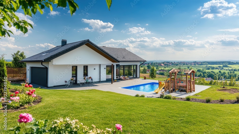 Contemporary house featuring a swimming pool, lush garden, and ...