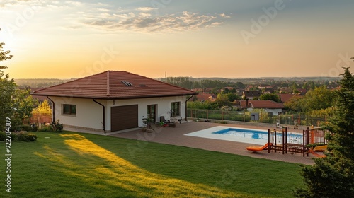 Charming suburban home featuring a swimming pool and playground, overlooking a peaceful neighborhood with a scenic sunset view. 