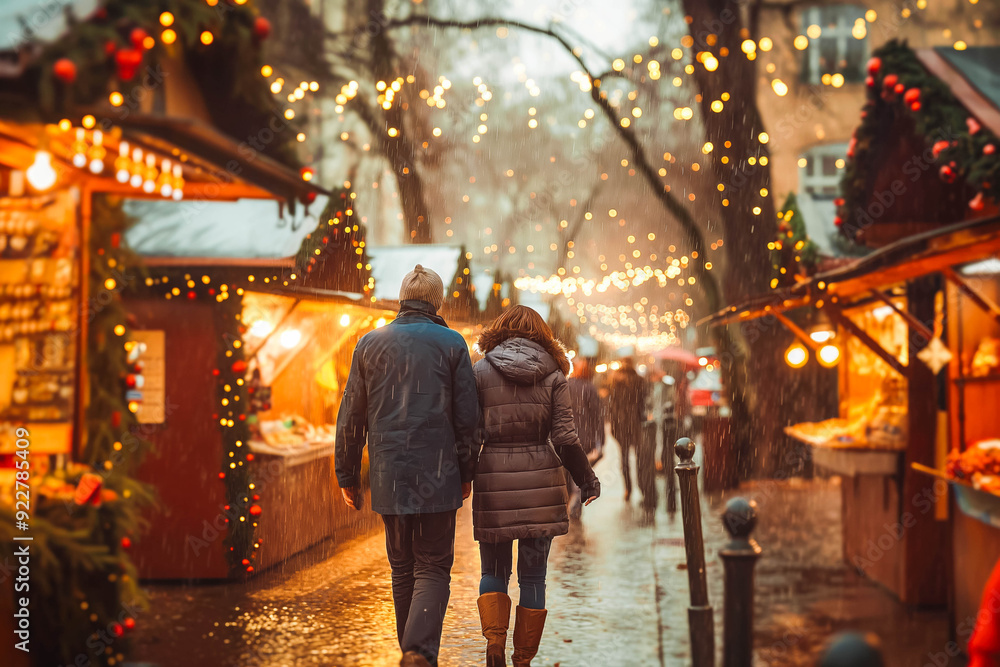 Enjoying Christmas Market, a couple walking near stalls Enjoying Christmas Market, a couple walking near stalls