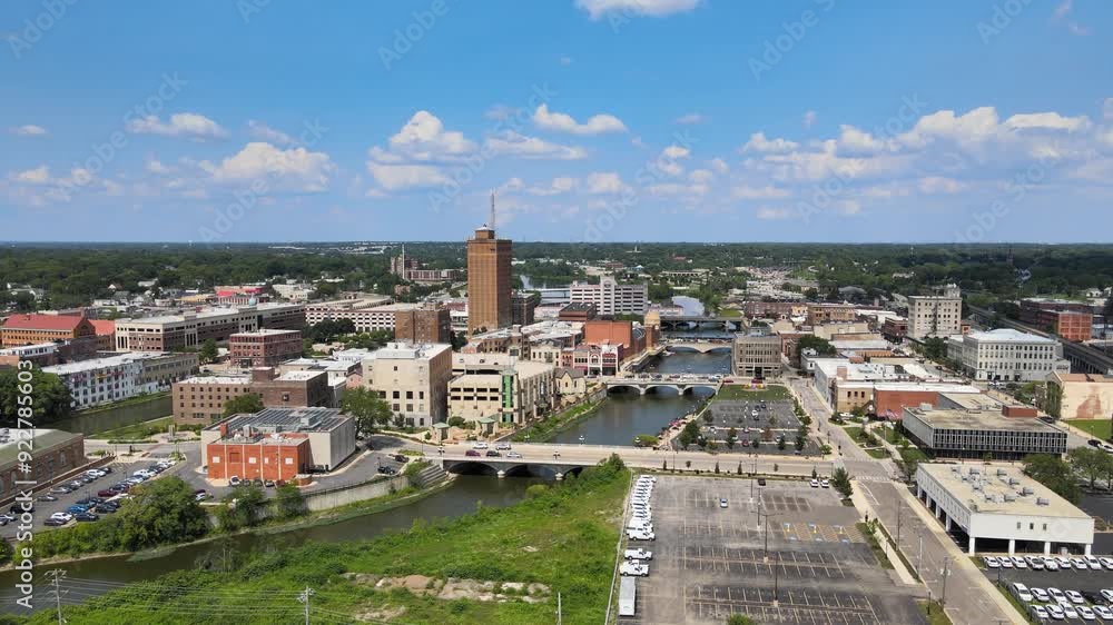 Aerial view of downtown Aurora IL, Chicago suburb Orbit Right Day N Aerial view of downtown Aurora IL, Chicago suburb Orbit Right Day N