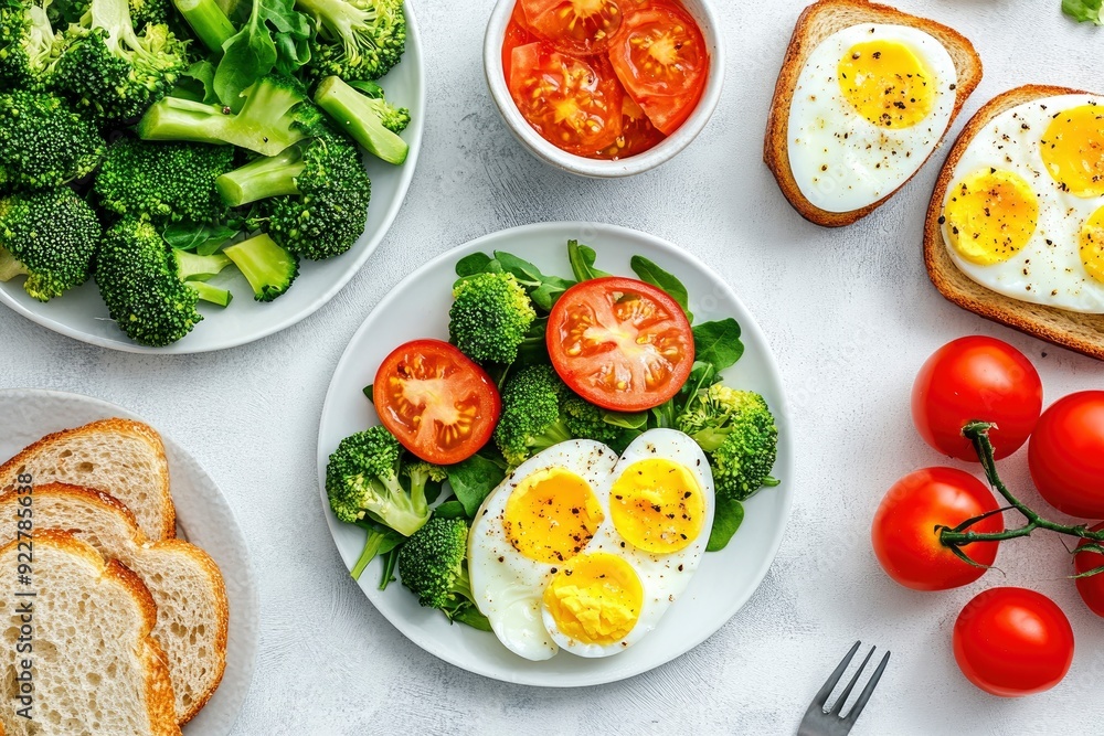 Delicious diet lunch, breakfast - boiled egg, fresh vegetable salad, broccoli and hot sandwiches with tomato and cheese on a light background, top view - generative ai Delicious diet lunch, breakfast - boiled egg, fresh vegetable salad, broccoli and hot sandwiches with tomato and cheese on a light background, top view - generative ai