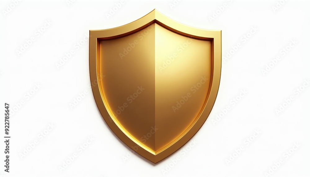 A shiny gold shield symbolizing protection and security on a plain white background. A shiny gold shield symbolizing protection and security on a plain white background.