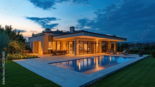 Contemporary house with a swimming pool, glowing at sunset, surrounded by a lush lawn and peaceful natural landscape.
