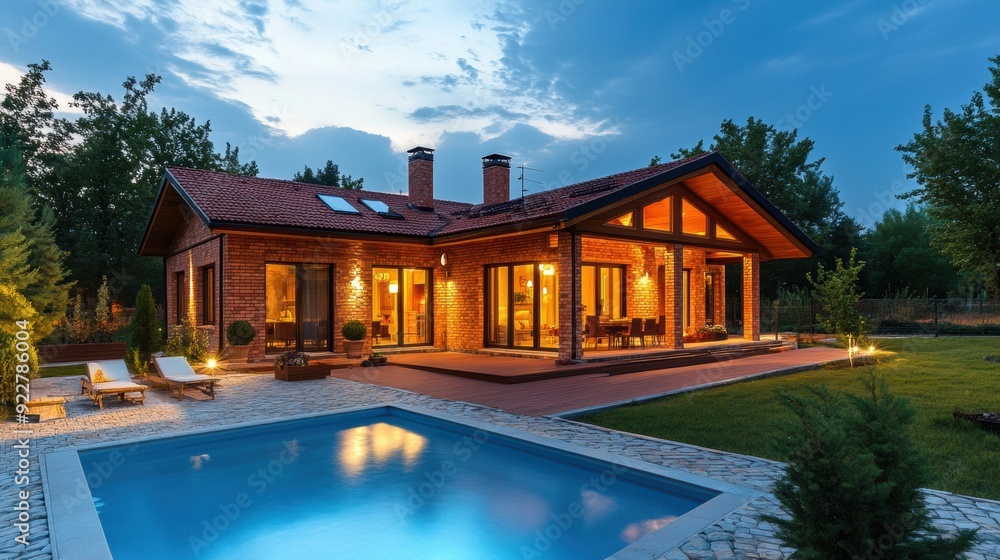 Elegant modern house with an illuminated swimming pool, glowing exterior lights, and a tranquil garden setting under the night sky.
Elegant modern house with an illuminated swimming pool, glowing exterior lights, and a tranquil garden setting under the night sky.