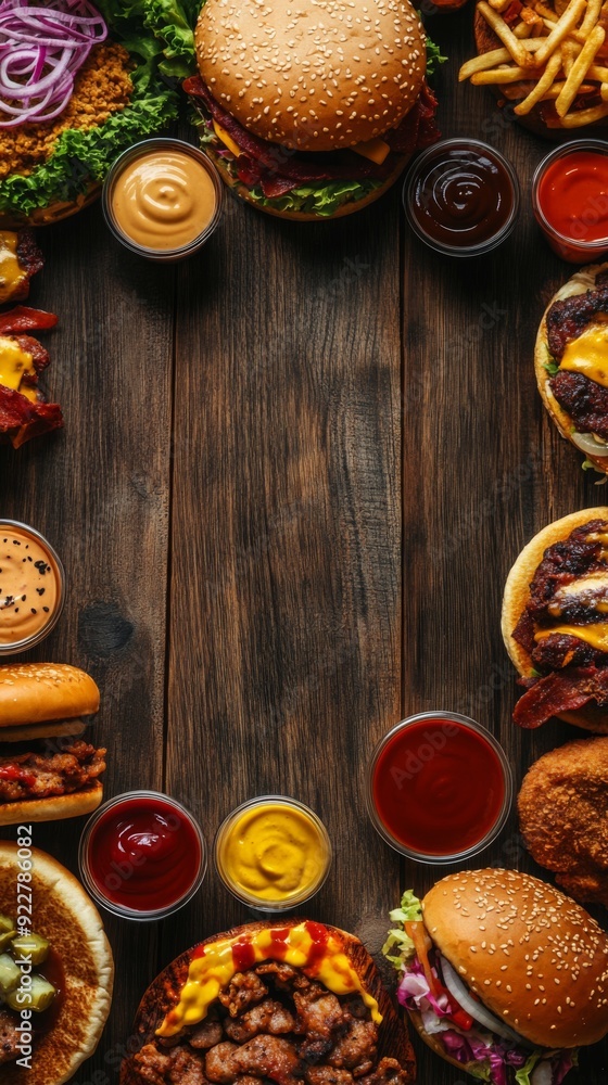 Unhealthy Fast Food Feast: A Top-Down View of Fast Food and Sauces Spread on a Wooden Table, Concept for National Fast Food Day. Unhealthy Fast Food Feast: A Top-Down View of Fast Food and Sauces Spread on a Wooden Table, Concept for National Fast Food Day.