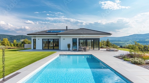 Contemporary home featuring a large swimming pool, expansive patio, and manicured lawn, offering a luxurious and relaxing outdoor environment.

