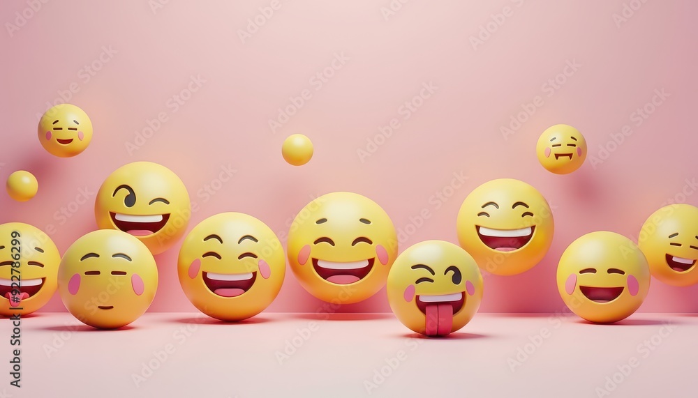 A collection of yellow smiley face emojis showing various expressions on a pale pink background. A collection of yellow smiley face emojis showing various expressions on a pale pink background.