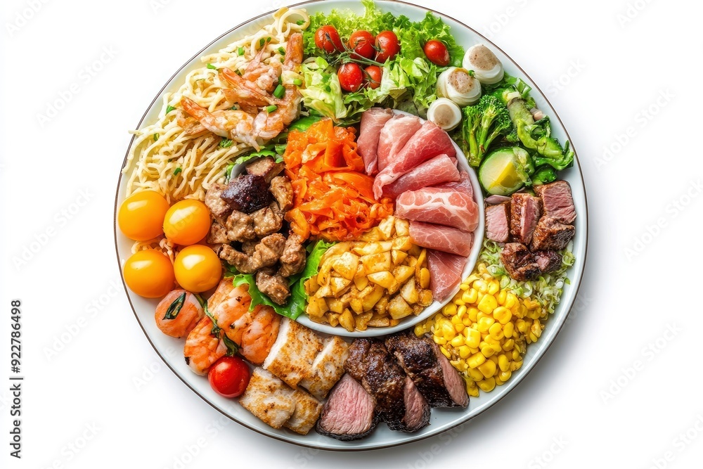 food collage of various meals in a plate isolated on white background, top view - generative ai food collage of various meals in a plate isolated on white background, top view - generative ai