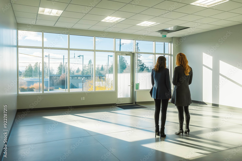 A female real estate agent shows an empty office space to a potential buyer or tenant. A female real estate agent shows an empty office space to a potential buyer or tenant.