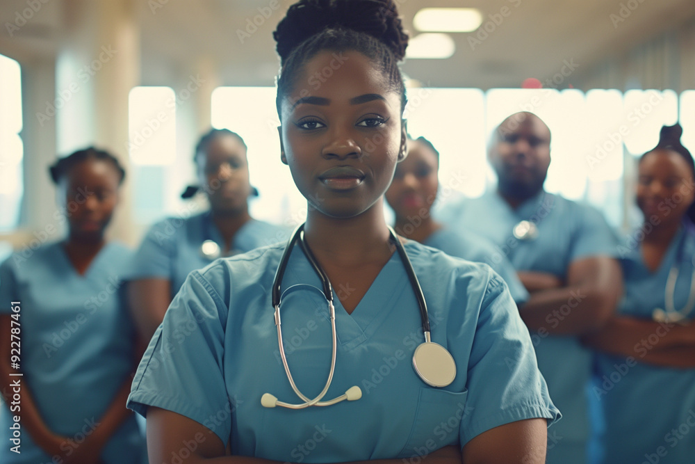 Portrait of young African American woman nurse or a doctor intern with colleagues. High quality photo Portrait of young African American woman nurse or a doctor intern with colleagues. High quality photo