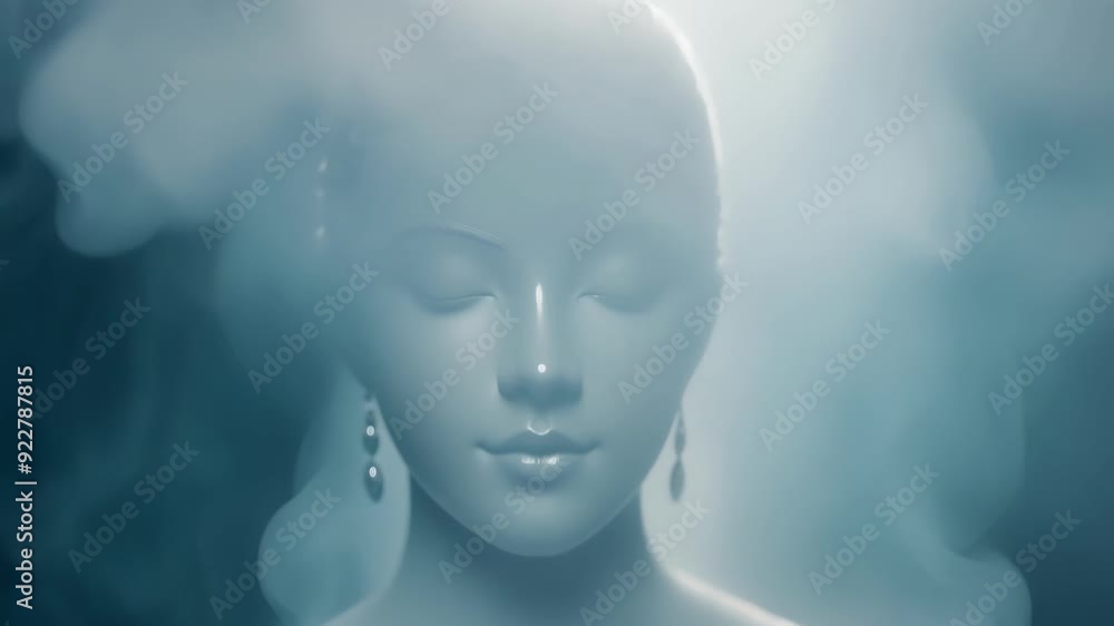 Mysterious woman with long dark hair is shrouded in a haze of blue smoke, creating an ethereal and enigmatic atmosphere Mysterious woman with long dark hair is shrouded in a haze of blue smoke, creating an ethereal and enigmatic atmosphere
