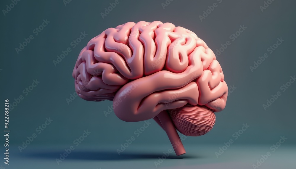 A realistic 3D rendering of a human brain with detailed anatomy against a dark background. A realistic 3D rendering of a human brain with detailed anatomy against a dark background.